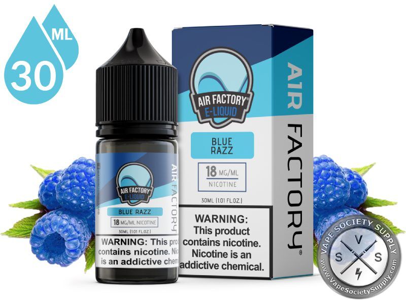Blue Razz by Air Factory Salts 30ml bottle and box with blue raspberries