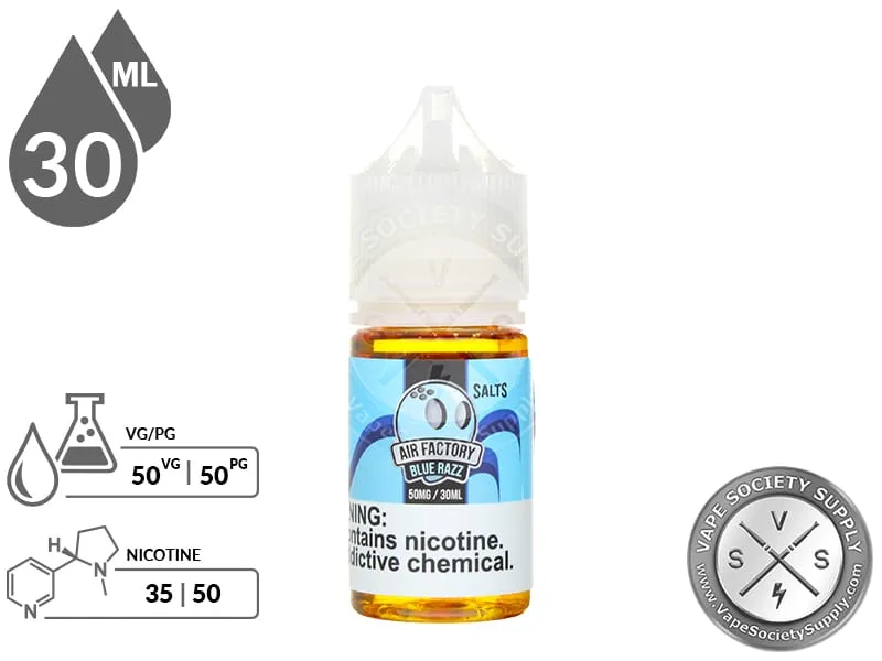 Blue Razz by Air Factory Salts 30ml bottle with a 50/50 VG/PG icon and nicotine strength icons