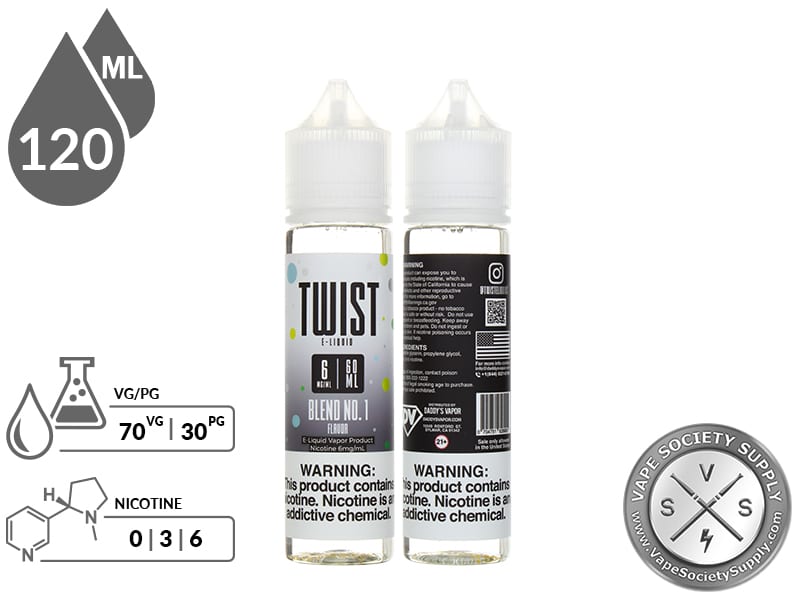 Blend No. 1 by Twist 120ml bottles with a 70/30 VG/PG icon and nicotine strength icons