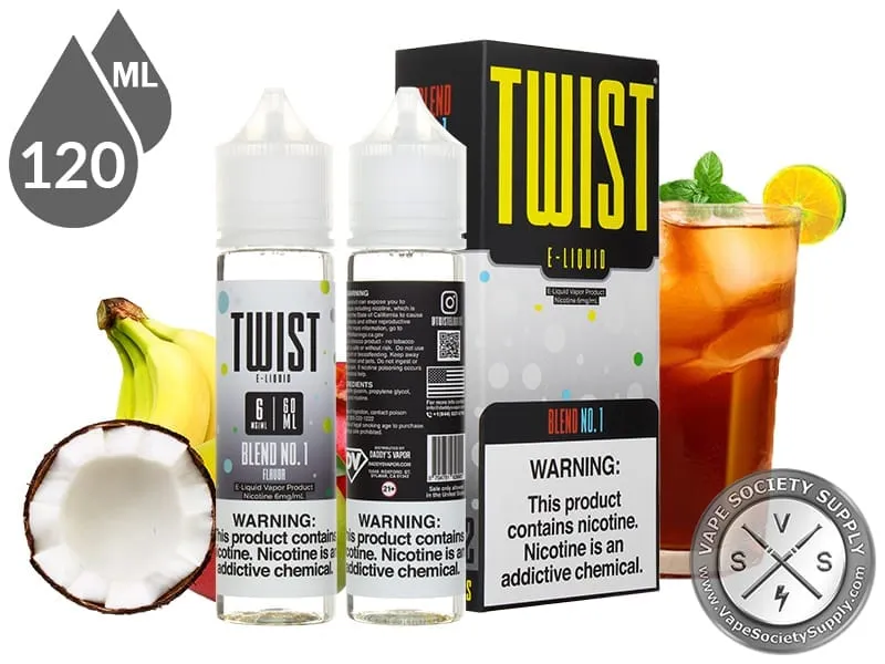 Blend No. 1 by Twist 120ml bottles and box with bananas, a coconut and an iced drink with mint and a lime slice