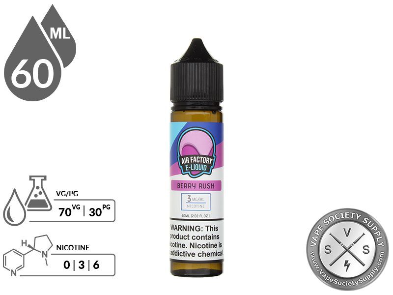 Berry Rush by Air Factory 60ml bottle with a 70/30 VG/PG icon and nicotine strength icons