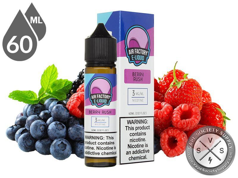 Berry Rush by Air Factory 60ml bottle and box with blueberries, blackberries and raspberries