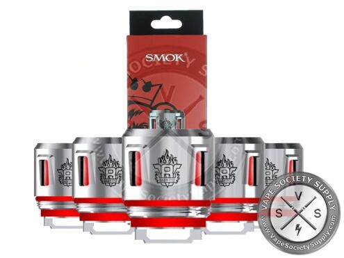 SMOK V8 Baby-T12 Red Light coils with red rings and a red SMOK box