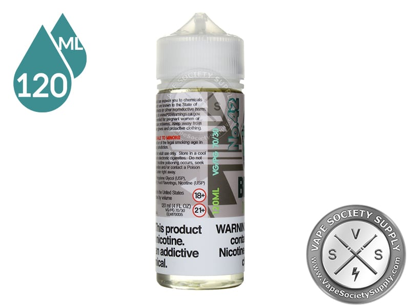No. 42 Beard Vape Co 120ml bottle turned to show the label text