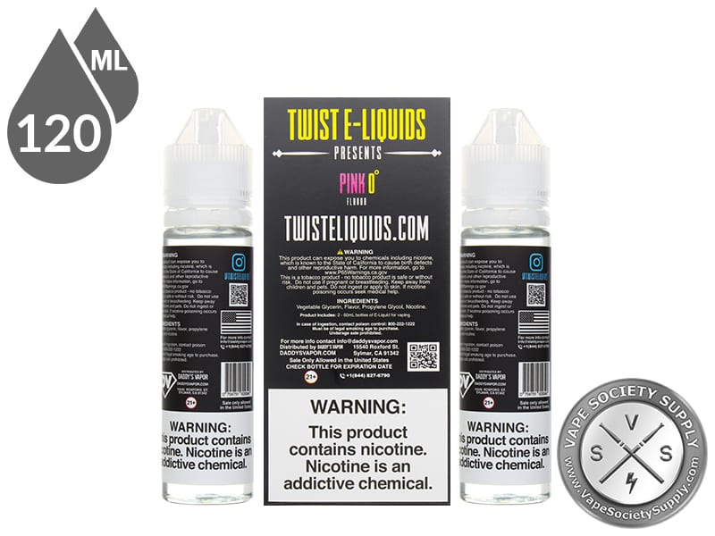 Pink 0° by Twist 120ml box back and bottle warning labels