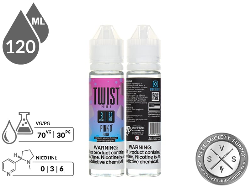 Pink 0° by Twist 120ml bottles with a 70/30 VG/PG icon and nicotine strength icons