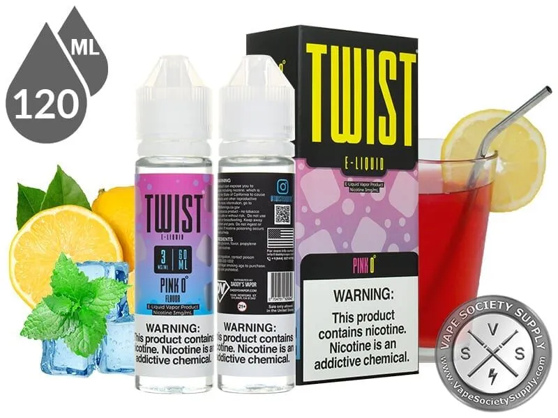 Pink 0° by Twist 120ml bottles and box with lemons, mint leaves, ice cubes and a glass of pink lemonade