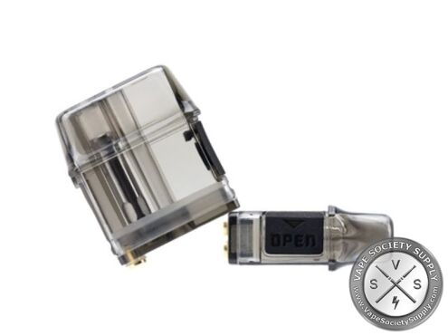 Two clear Mi-Pod PRO pods, one showing its side tab marked OPEN