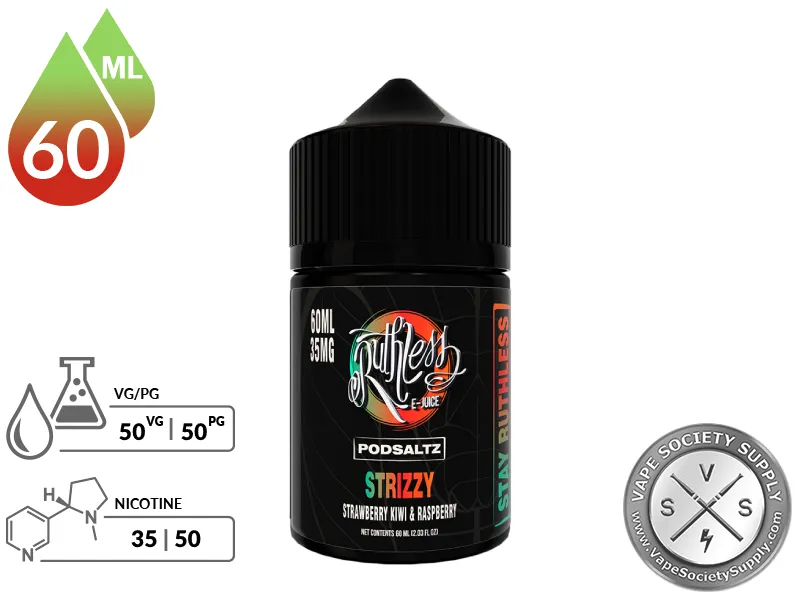 Strizzy Ruthless PODSALTZ 60ml bottle with a 50/50 VG/PG icon and nicotine strength icons