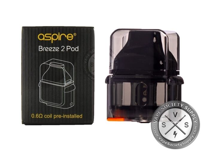 Aspire Breeze 2 Pod box, 0.6Ω coil pre-installed, beside a smoky gray Breeze 2 pod