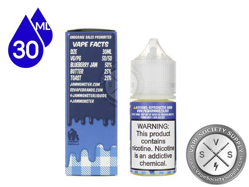Blueberry Jam Monster Salt 30ml bottle next to the box back with nicotine warning