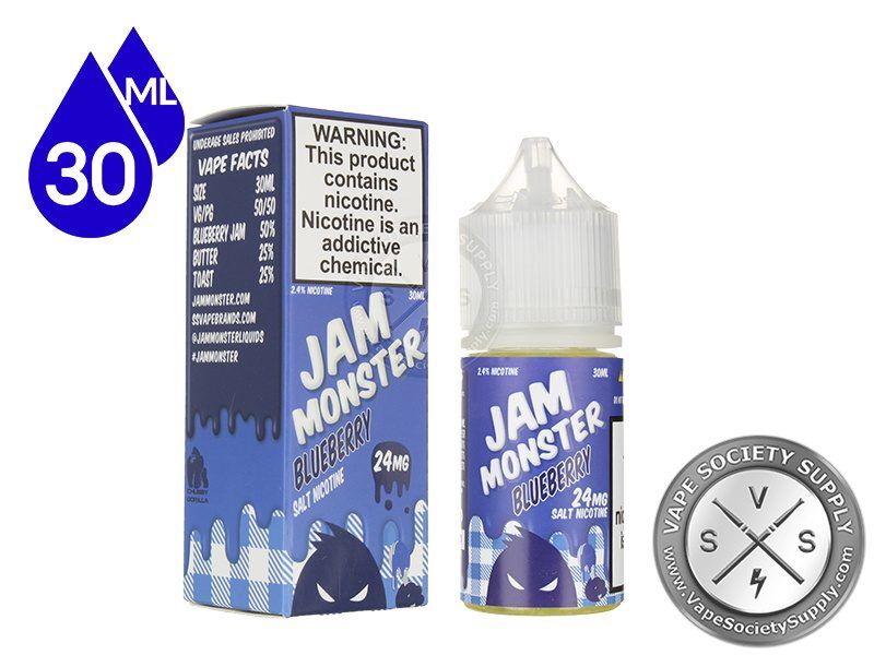 Blueberry Jam Monster Salt 30ml bottle in front of its box