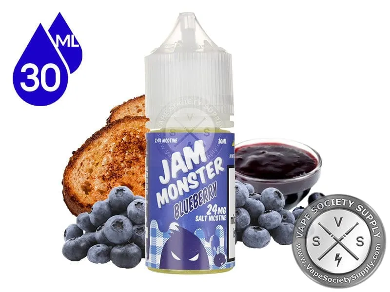 Blueberry Jam Monster Salt 30ml bottle with blueberries, blueberry jam and toast
