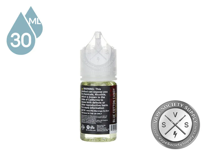 Blue Cotton Candy by Juice Roll Upz Carnival Salts 30ml bottle, side label with the flavor name