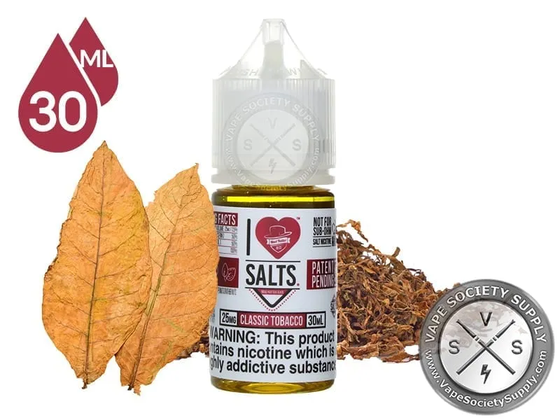Classic Tobacco by Mad Hatter I Love Salts 30ml bottle with tobacco leaves and cut tobacco