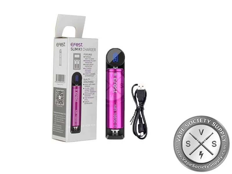 Efest Slim K1 one-bay charger with an Efest battery, its box and USB cable
