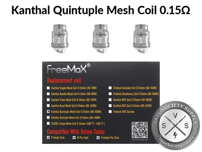 Three FreeMax Kanthal Quintuple Mesh 0.15Ω coils above the back of the coil box