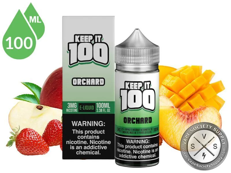 Orchard by Keep It 100 Vape Juice 100ml bottle and box with apples, strawberries, mango and a peach