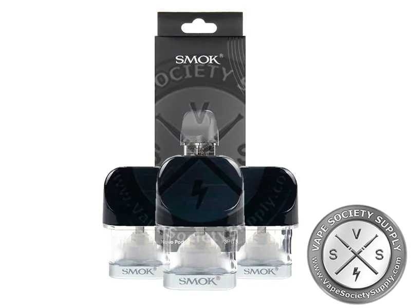 SMOK Novo pod box with three Novo pods in front of it