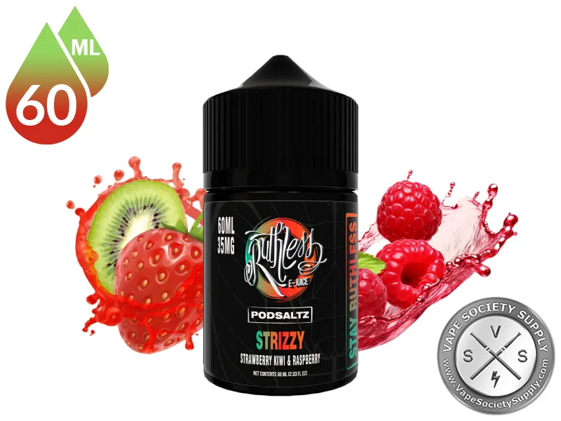 Strizzy Ruthless PODSALTZ 60ml bottle with strawberries, raspberries and kiwi