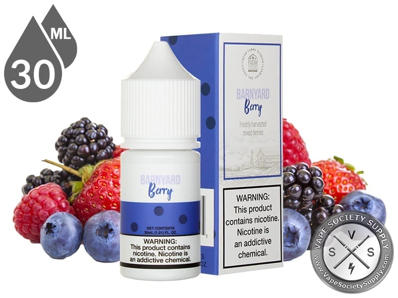 Barnyard Berry by Fresh Farms Salt 30ml bottle and box with blackberries, raspberries, blueberries and strawberries