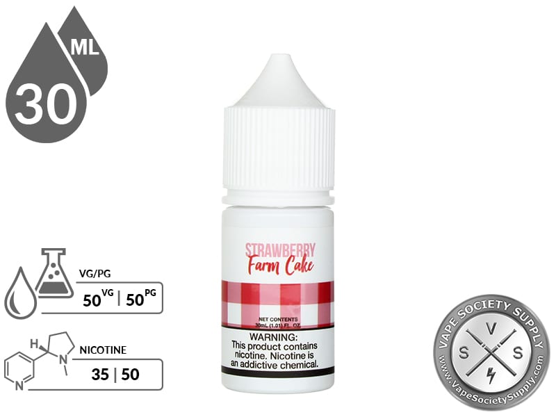 Strawberry Farm Cake by Fresh Farms Salt 30ml bottle with a 50/50 VG/PG icon and nicotine strength icons