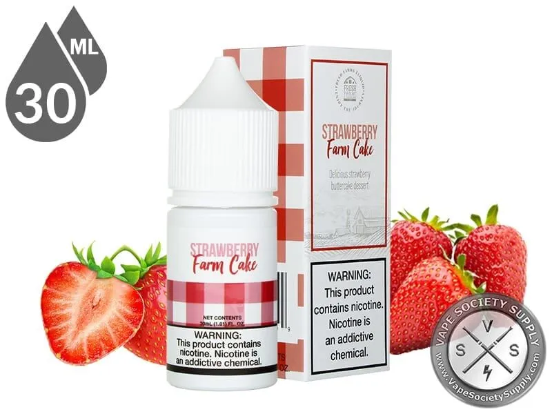 Strawberry Farm Cake by Fresh Farms Salt 30ml bottle and box with strawberries
