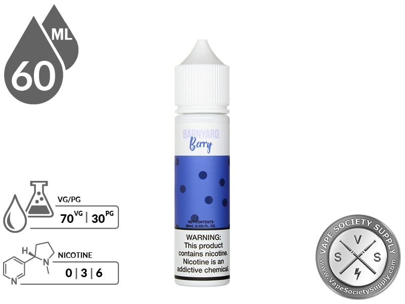 Barnyard Berry by Fresh Farms 60ml bottle with a 70/30 VG/PG icon and nicotine strength icons