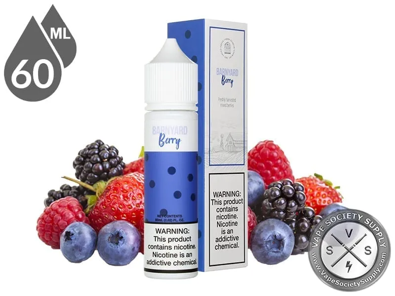 Barnyard Berry by Fresh Farms 60ml bottle and box with blackberries, raspberries, blueberries and strawberries