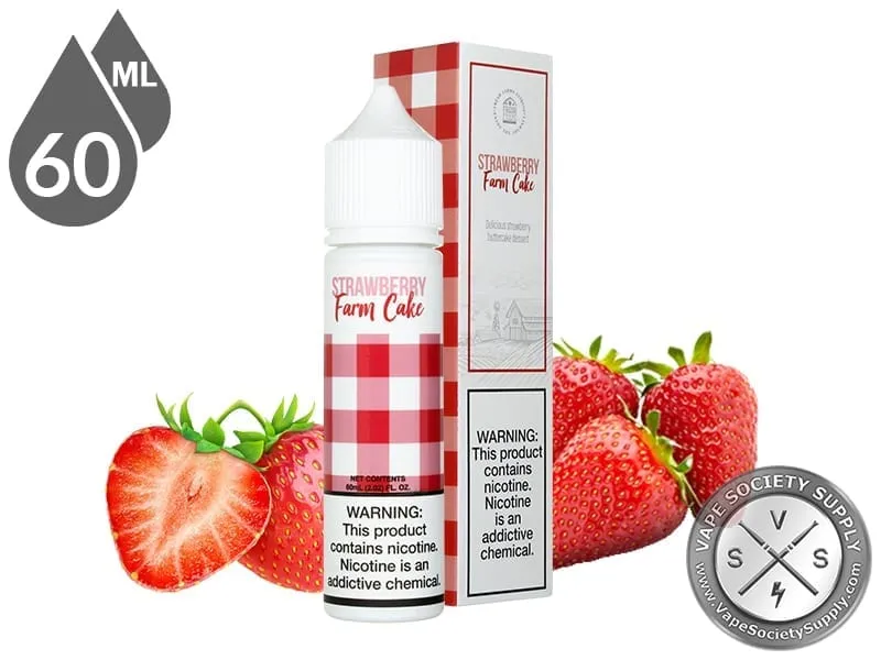 Strawberry Farm Cake by Fresh Farms 60ml bottle and box with strawberries