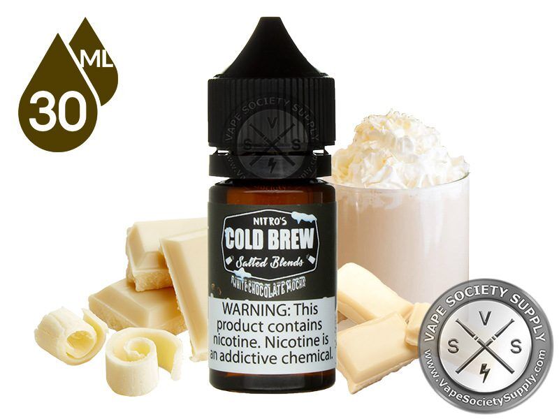 White Chocolate Mocha by Nitro's Cold Brew Salted Blends 30ml bottle with white chocolate pieces and a glass of iced mocha