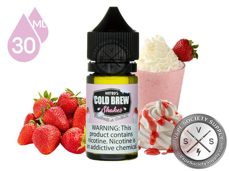 Strawberi & Cream by Nitro's Cold Brew Shakes Salt 30ml bottle with strawberries, a strawberry milkshake and whipped cream