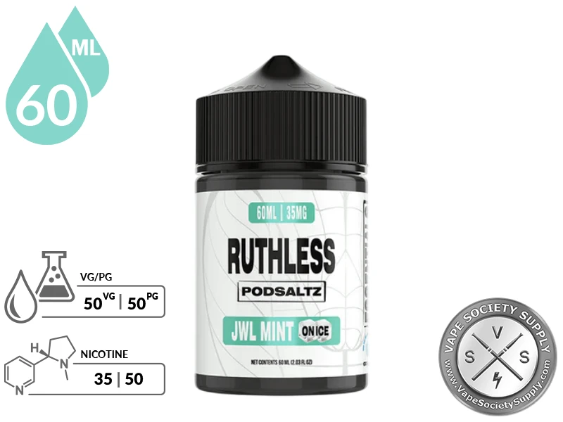 JWL Mint On Ice Ruthless Essentials Pod Salt 60ml bottle with a 50/50 VG/PG icon and nicotine strength icons