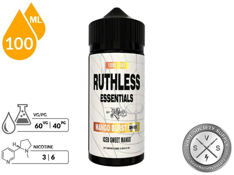 Mango Burst On Ice Ruthless Essentials 100ml bottle with a 60/40 VG/PG icon and nicotine strength icons