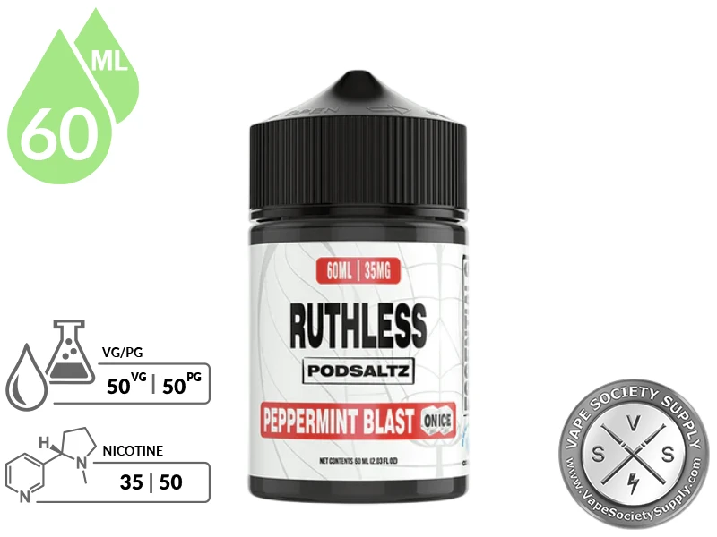 Peppermint Blast On Ice Ruthless Essentials Pod Salt 60ml bottle with a 50/50 VG/PG icon and nicotine strength icons