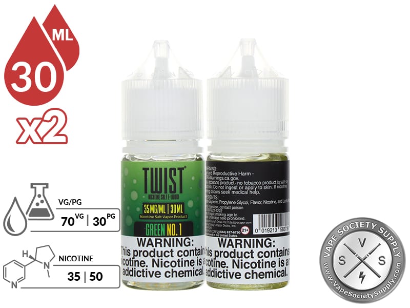 Green No. 1 by Twist Salt 60ml bottles with a 70/30 VG/PG icon and nicotine strength icons