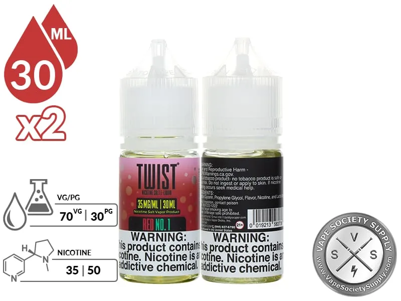Red No. 1 by Twist Salt 60ml bottles with a 70/30 VG/PG icon and nicotine strength icons