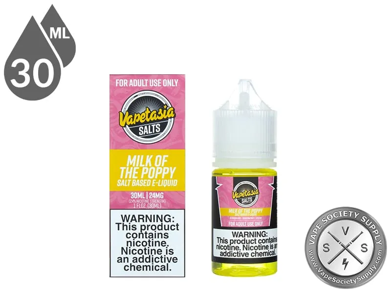 Milk of the Poppy Vapetasia Salt 30ml bottle in front of its box