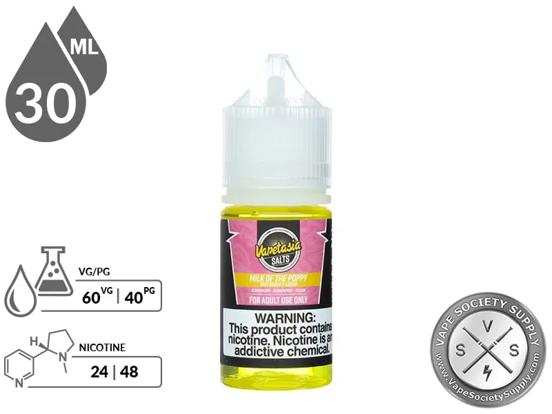 Milk of the Poppy Vapetasia Salt 30ml bottle with a 60/40 VG/PG icon and nicotine strength icons