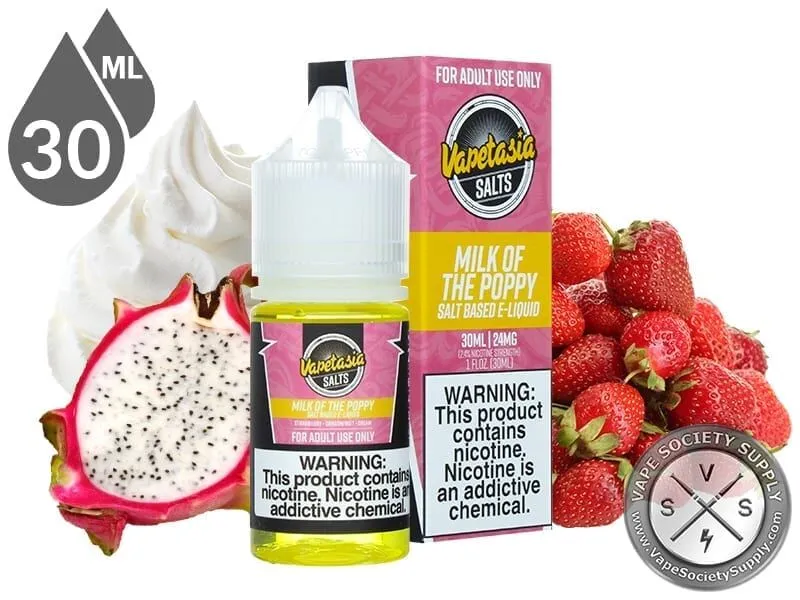 Milk of the Poppy Vapetasia Salt 30ml bottle and box with dragon fruit, strawberries and whipped cream