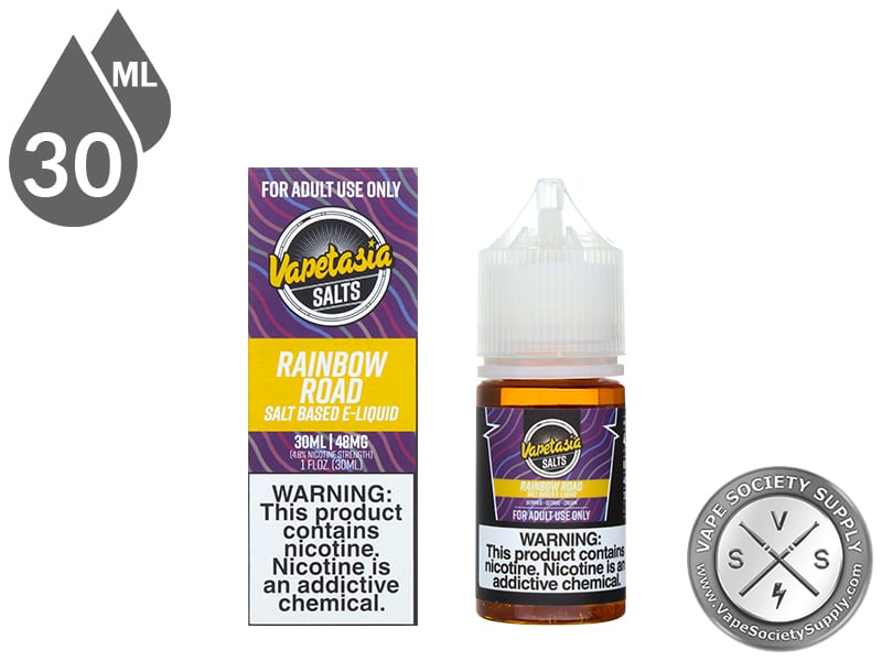 Rainbow Road Vapetasia Salt 30ml bottle in front of its box