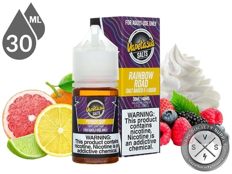 Rainbow Road Vapetasia Salt 30ml bottle and box with grapefruit, lemons, limes, berries and whipped cream