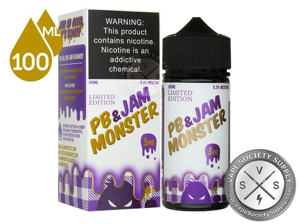 Grape PB & Jam Monster 100ml bottle in front of its box