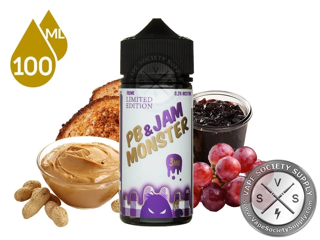 Grape PB & Jam Monster 100ml bottle with peanut butter, peanuts, grape jam, grapes and toast