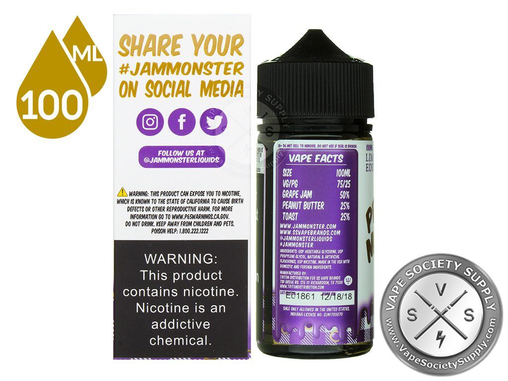 Grape PB & Jam Monster 100ml box side with social media links, next to the bottle