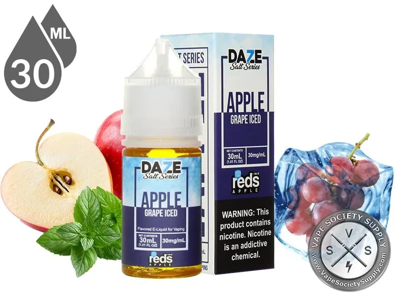 Grape Iced Reds Apple 7 Daze Salt 30ml bottle and box with a sliced apple, mint leaves and grapes frozen in ice cubes