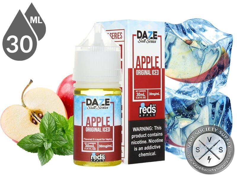 Original Iced Reds Apple 7 Daze Salt 30ml bottle and box with a sliced apple, mint leaves and apple slices frozen in ice cubes