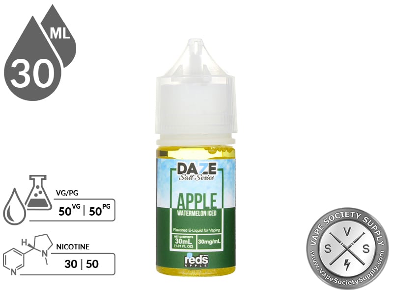 Watermelon Iced Reds Apple 7 Daze Salt 30ml bottle with a 50/50 VG/PG icon and nicotine strength icons