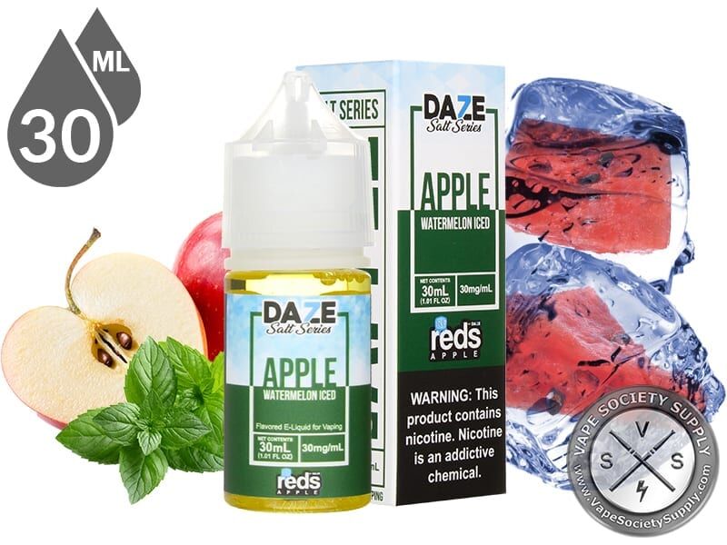 Watermelon Iced Reds Apple 7 Daze Salt 30ml bottle and box with a sliced apple, mint leaves and watermelon frozen in ice cubes