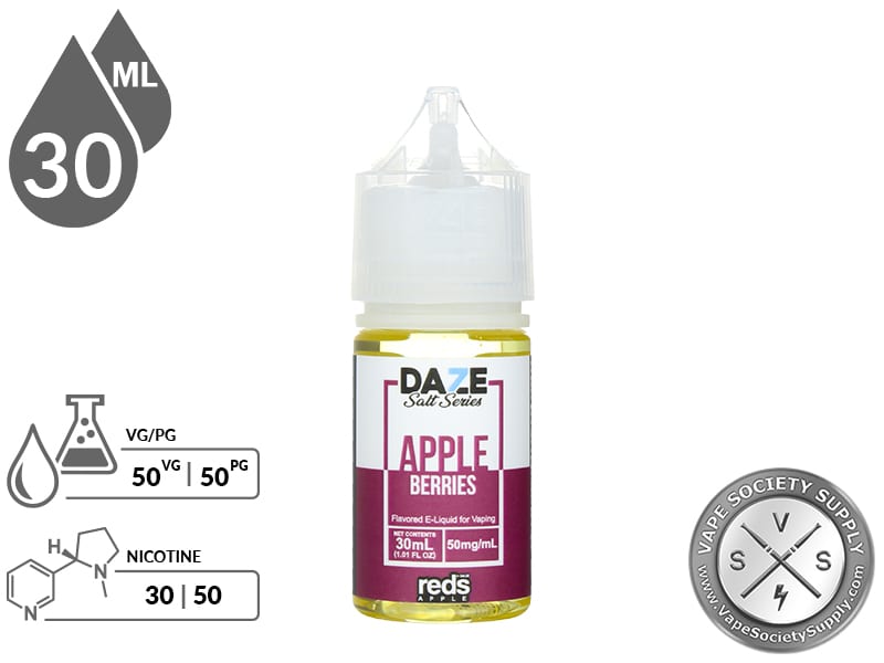 Berries Reds Apple 7 Daze Salt 30ml bottle with a 50/50 VG/PG icon and nicotine strength icons